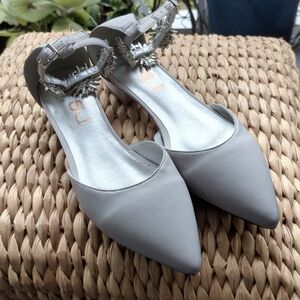 Beautiful Grey Satin Shoes with Crystal Embellished Ankle straps